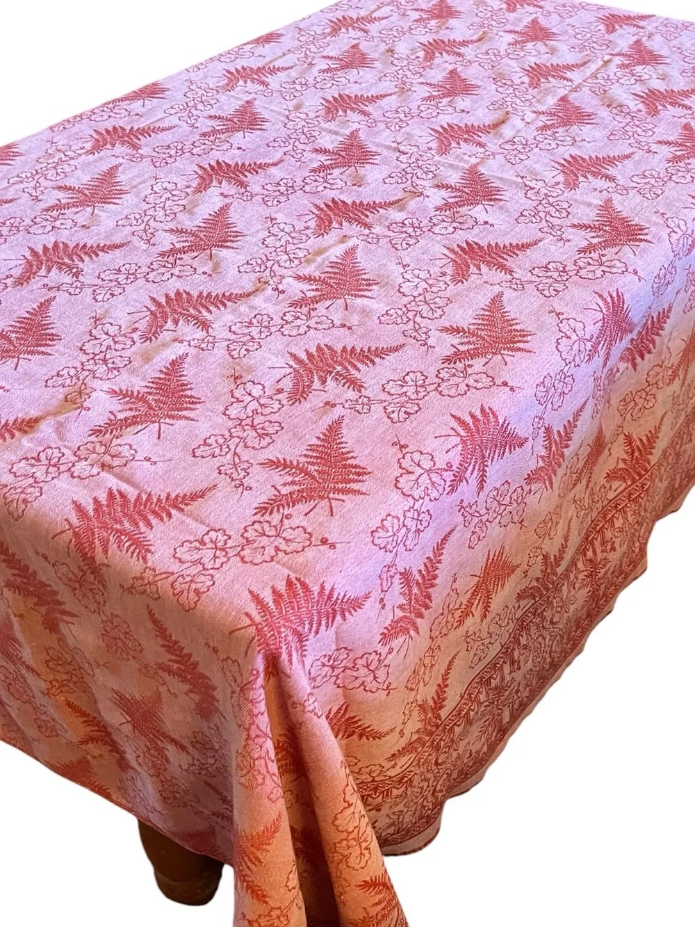 Vintage Reversible Red Cotton Fern Leaf Jacquard Tablecloth